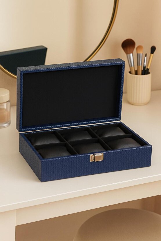 Lacivert Deri 6 Bölmeli Saat Kutusu – Şık Koleksiyon Kutusu 24x15x8