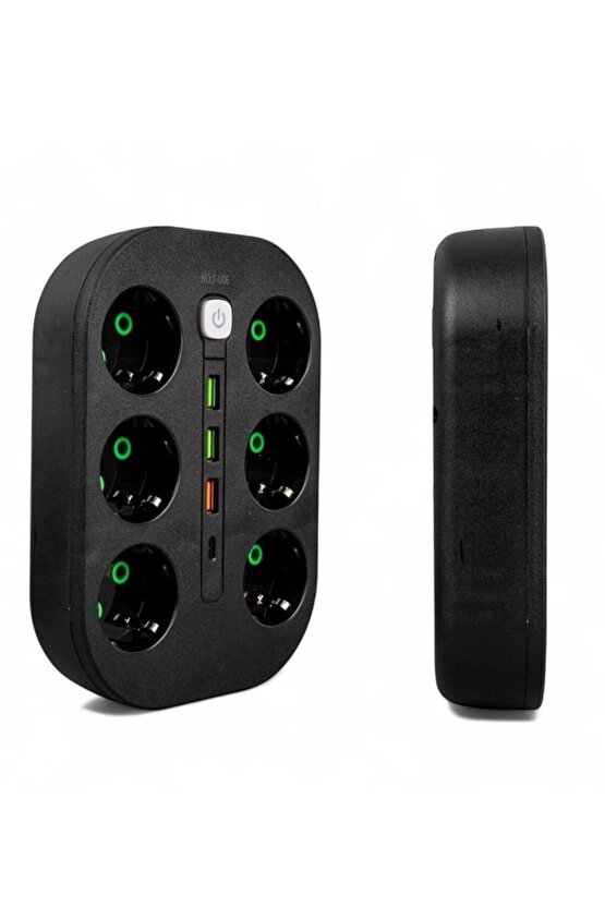 6lı Priz – 1.5 Metre Kablo – 3 USB Girişli Siyah Grup Priz | Akım Korumalı Çoklu Priz