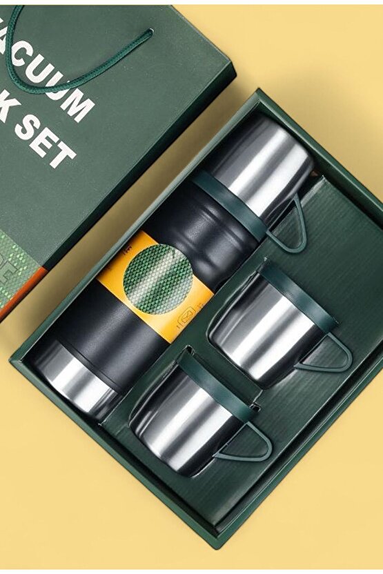 Paslanmaz Çelik 680 Ml Vakumlu Termos Seti – 3’lü Çelik Bardaklı