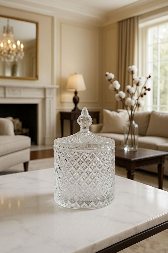 Cam Kapaklı Kristal Desenli Şekerlik Lokumluk Çikolatalık – 17 cm