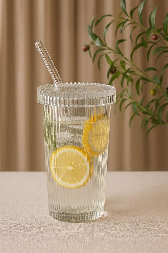 3’lü Cam Kapaklı Pipetli 400 ml Şeffaf Çizgili Bardak Seti – Soğuk İçecek ve Smoothie Bardağı