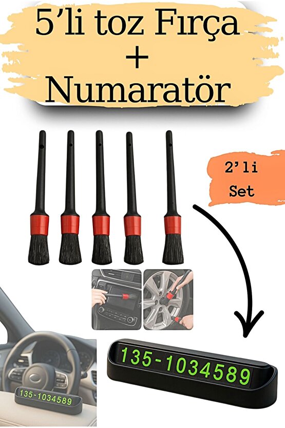 5’li Araç Detaylandırma Toz Fırça Seti + Araç İçi Telefon Numaratör Park Levhası