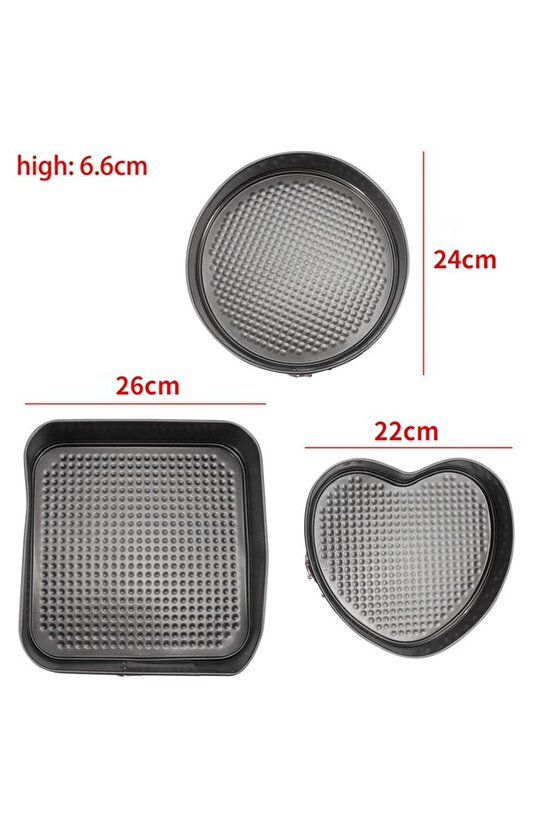 Kelepçeli 3lü Kek Kalıbı Seti - Yuvarlak, Kalp, Kare Şekilli