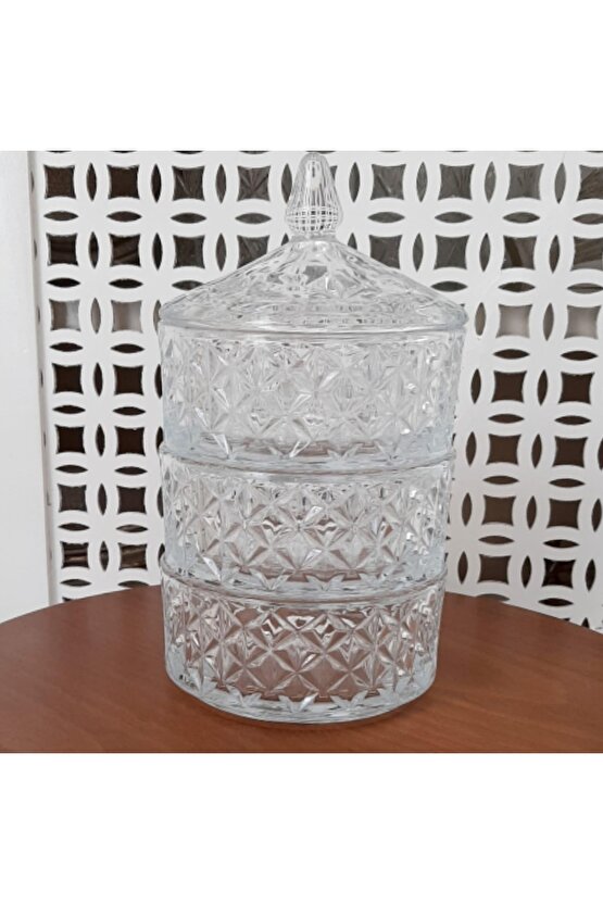 Kristal Lüx Cam 3 Katlı Kurabiyelik 28x12 Cm