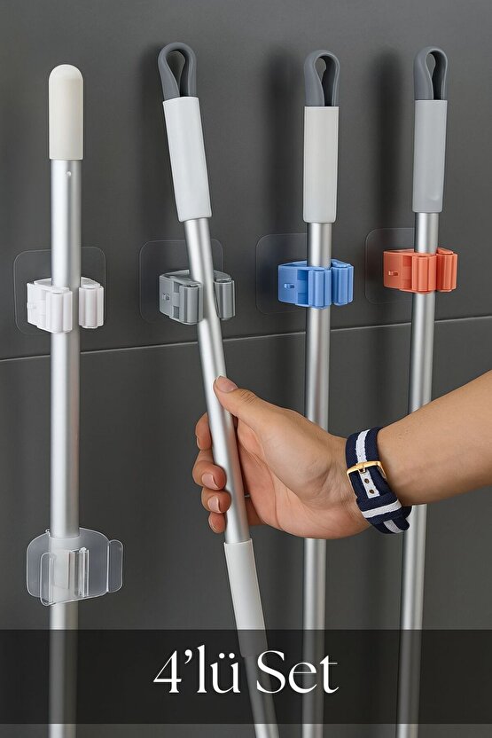 4’lü Beyaz Mop ve Süpürge Tutucu Seti – Duvara Yapışan Pratik Askı Aparatı