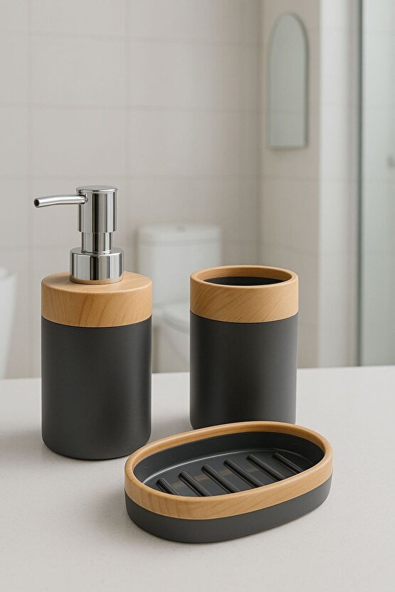3’lü GRİ Renk Banyo Seti Sabunluk Diş Fırçalık ve Sıvı Sabunluk – Ahşap Kapaklı Modern Tasarım