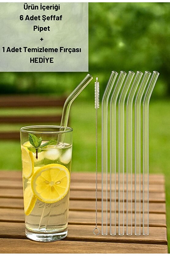 Cam Şeffaf Pipet Seti – 6 Adet Eğik Pipet + 1 adet Temizleme Fırçası