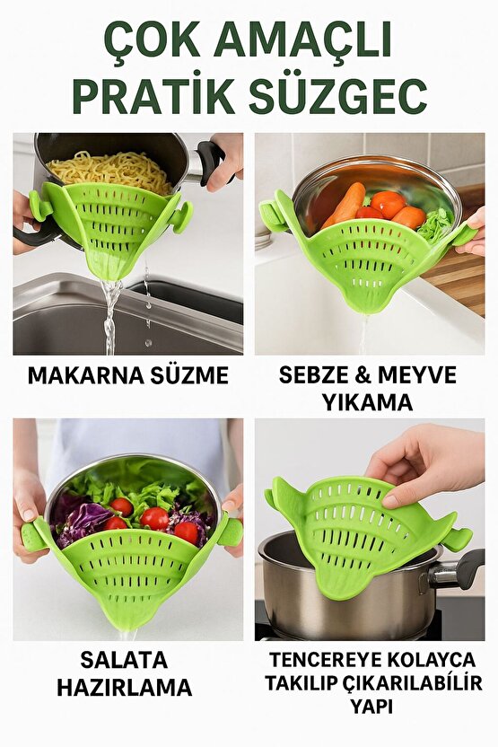 Çok Amaçlı Pratik Tencere Süzgeci – Silikon Klipsli Makarna Salata Süzgeç