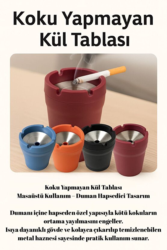 Koku Yapmayan Duman Hapsedici Kül Tablası – Metal Hazneli, Masaüstü Kullanım
