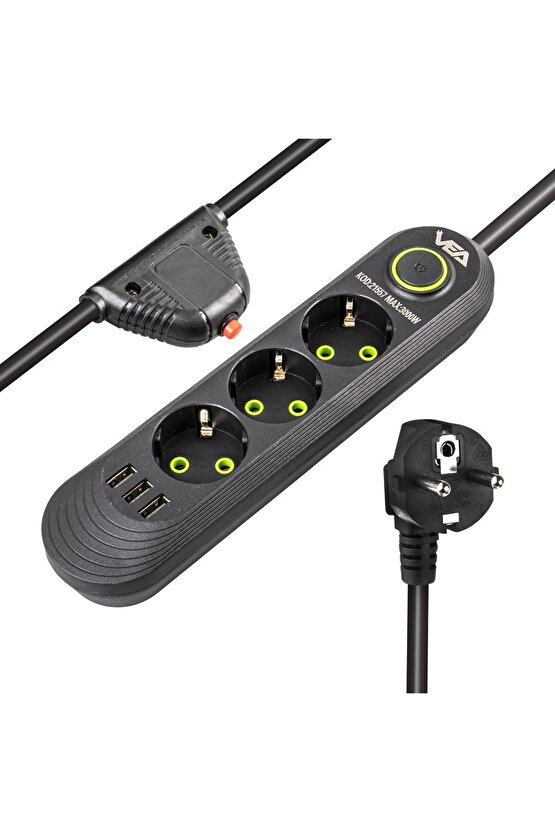 bydx 3LÜ 1.5 METRE KABLOLU 3 USBLİ SİYAH AKIM KORUMALI PRİZ BAKIR  Uyumlu KABLO HARİCİ GÜÇ