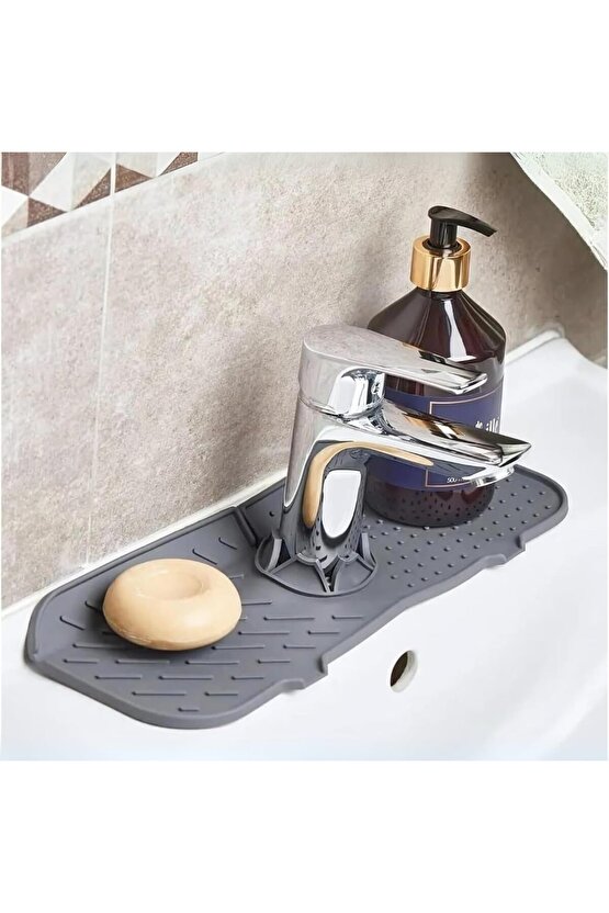 Gri Su Tutucu Musluk Matı Mutfak Banyo Koruyucu Musluk Lavabo Bulaşık Matı M-154