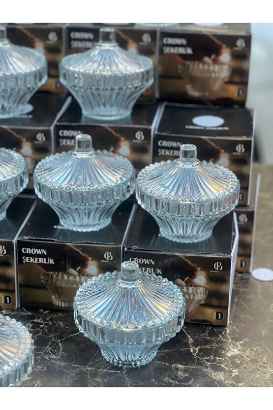 Crown Kapaklı Cam Şekerlik Pintrest Şekerliği Lokumluk Cam 1 Parça Turuncu