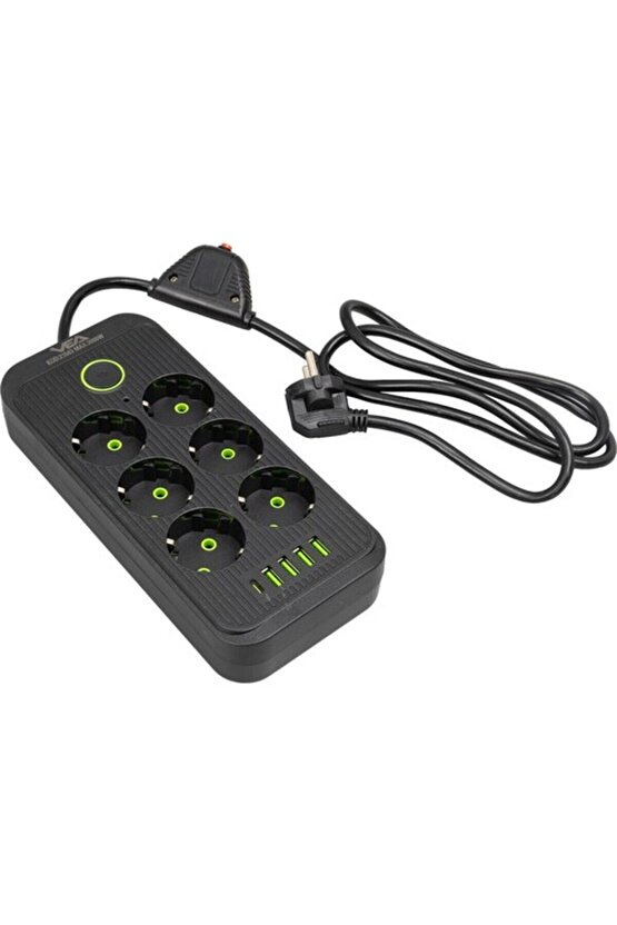 Vea Va-21563 6lı 1.5 Metre Kablolu Type-cli 4 Usbli Siyah Akım Korumalı Priz