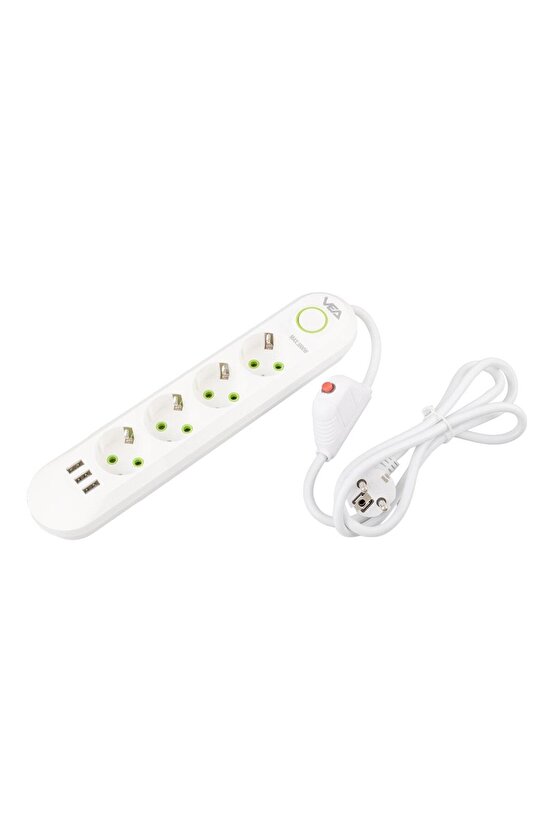VA-21560 4lü 3 USBli 1.5 Metre Akım Korumalı Priz Beyaz