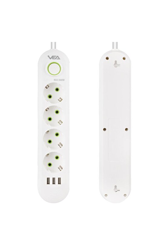VA-21560 4lü 3 USBli 1.5 Metre Akım Korumalı Priz Beyaz