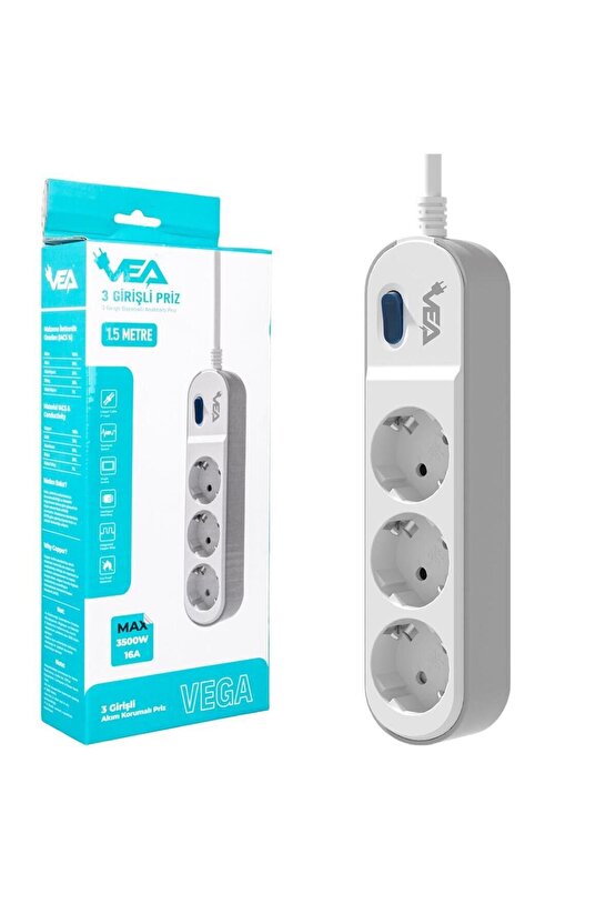 Vega103 A Class 3lü Anahtarlı 1.5 Metre Akım Korumalı Grup Priz (MADE IN MALAYSIA) Ght67