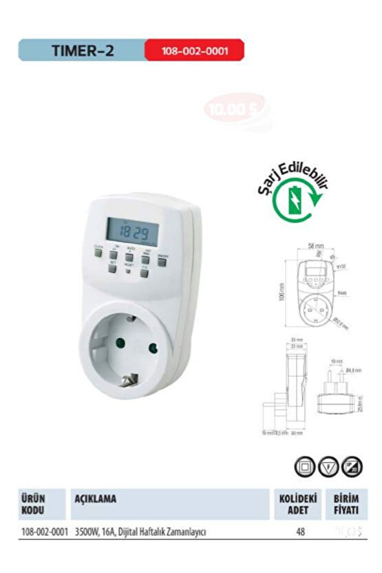 Elektrik Prizi Dijital Haftalık Zamanlayıcı Priz Timer-2 108 002 0001 Şarj Edilebilir TR