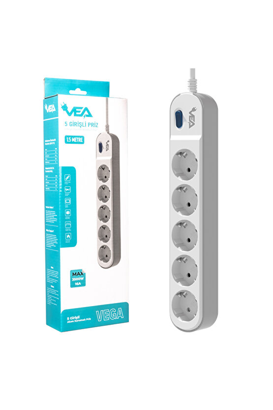 VE-VEGA105 A Class 5li Anahtarlı 1.5 Metre Akım Korumalı Priz