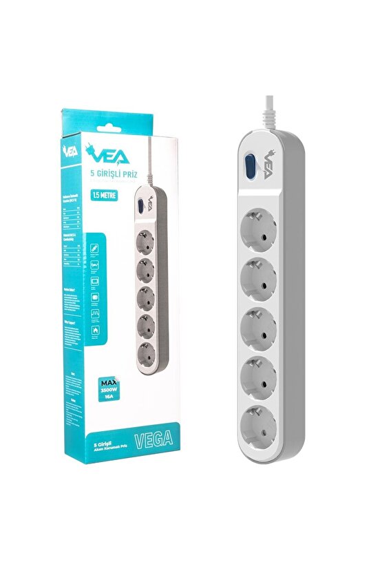 VE-VEGA105 A Class 5li Anahtarlı 1.5 Metre Akım Korumalı Priz