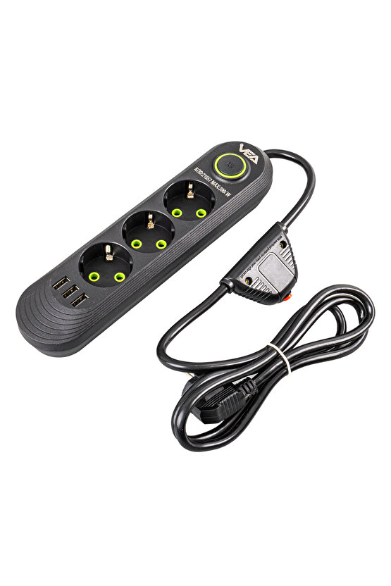Siyah Renk  1.5 Metre Uzatma Kablosu Anahtarlı Akım Korumalı 3lü Priz