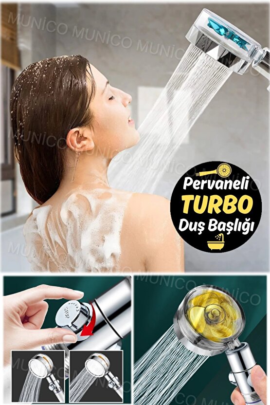 Turbo Pervaneli ve Filtreli Su Tasarruflu 360 Derece Dönebilen Tazyikli Duş Başlığı Bataryası