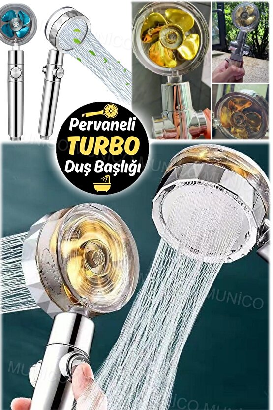 Turbo Pervaneli ve Filtreli Su Tasarruflu 360 Derece Dönebilen Tazyikli Duş Başlığı Bataryası