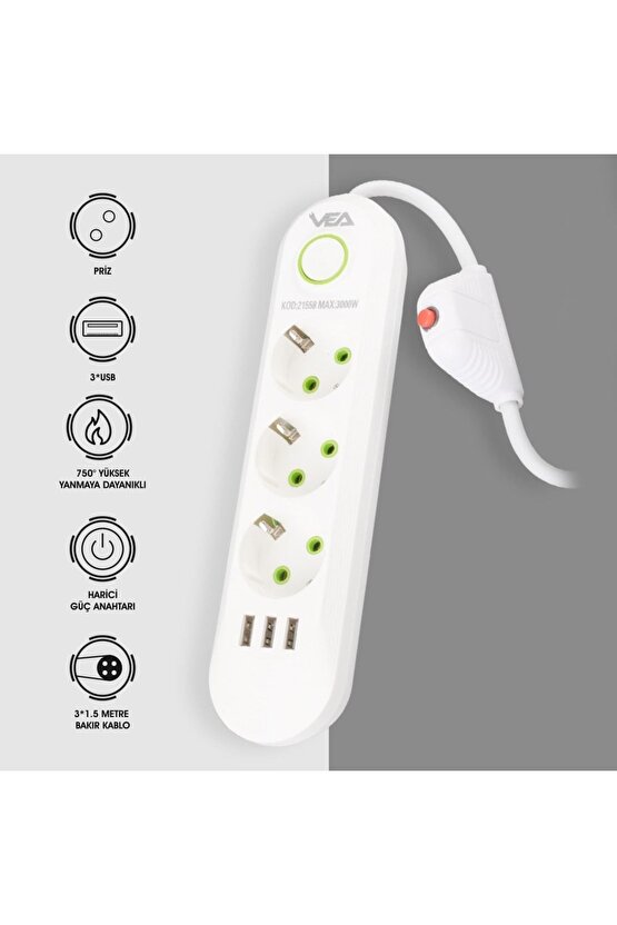 1.5 Metre Kablolu 3 USB Çıkışlı Beyaz Akım Korumalı Anahtarlı Topraklı Gurup Priz