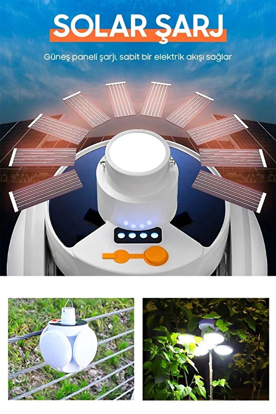 4 Kol 1 Gövde Solar Güneş Enerjisi İle Şarj Olabilen Kanca ve Pil Göstergeli Kamp ve Bahçe Işığı