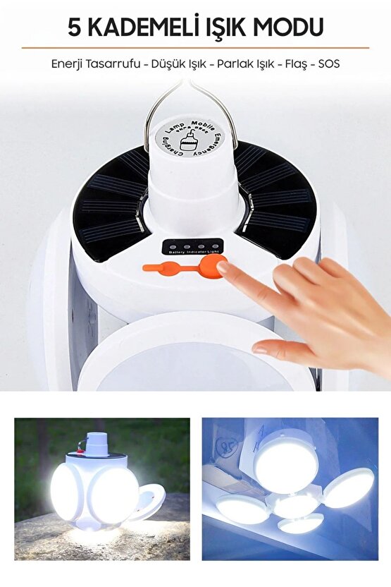 4 Kol 1 Gövde Solar Güneş Enerjisi İle Şarj Olabilen Kanca ve Pil Göstergeli Kamp ve Bahçe Işığı