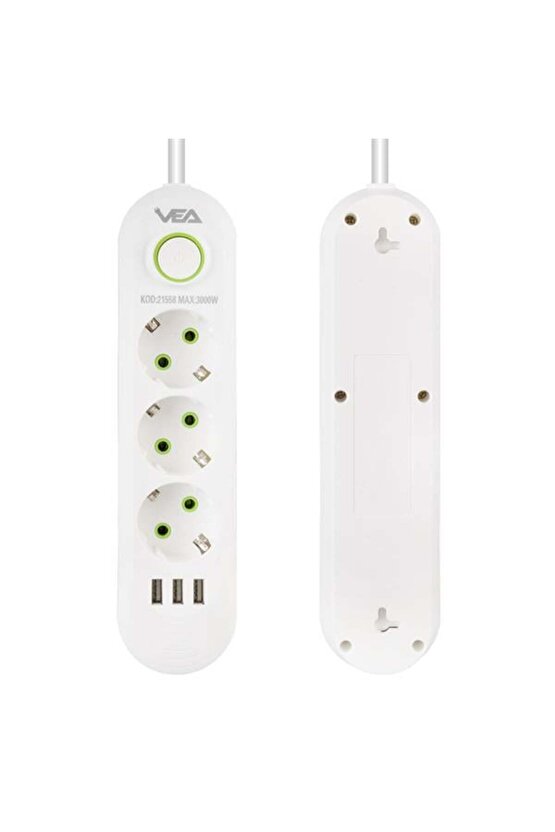3 lü 1.5 Metre Uzatma Kablolu 3 Usb li Beyaz Akım Korumalı Gurup Priz BSN55-4L13X