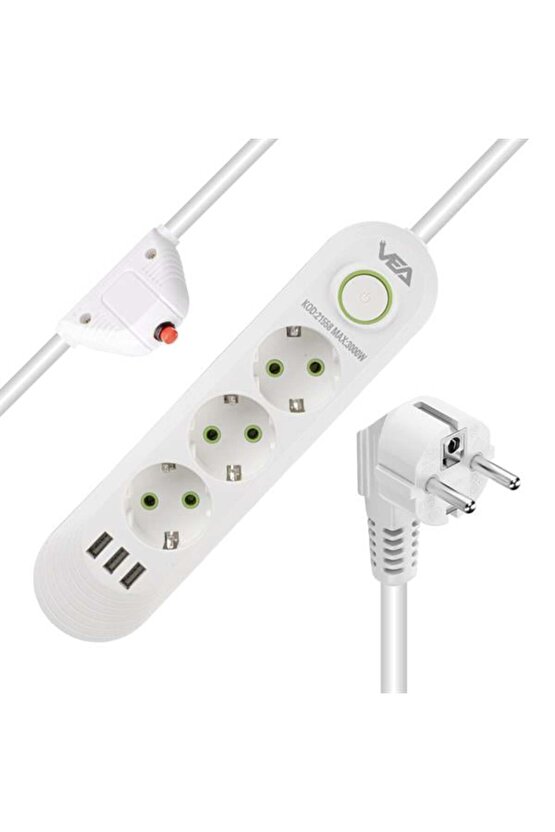 3 lü 1.5 Metre Uzatma Kablolu 3 Usb li Beyaz Akım Korumalı Gurup Priz BSN55-4L13X