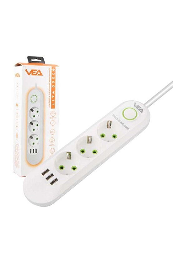 3 lü 1.5 Metre Uzatma Kablolu 3 Usb li Beyaz Akım Korumalı Gurup Priz BSN55-4L13X