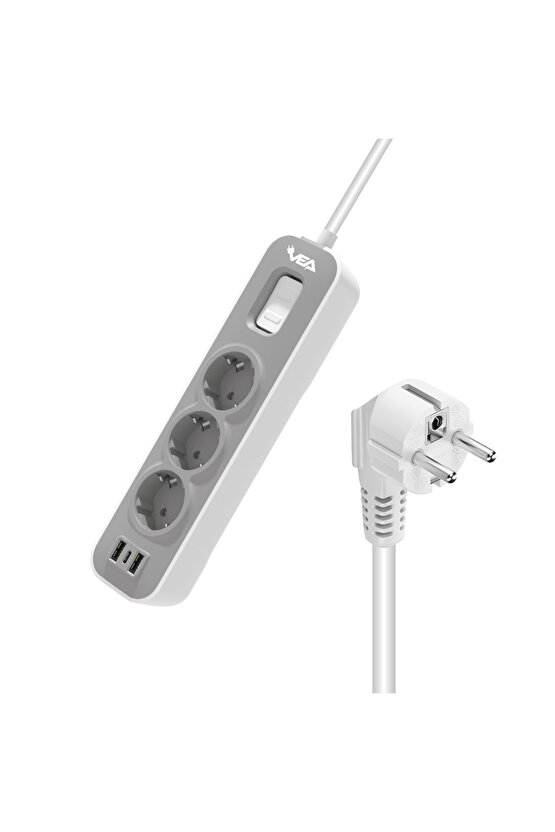 A Class 3 lü 2 USB + TYPE-C Destekli Anahtarlı 1.5 Metre Çocuk Korumalı Grup Priz Malezya Üretimi