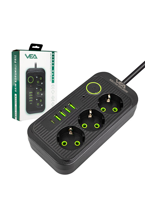 Çocuk Korumalı 4 Elektrik Prizi + 4 USB + 1 TYPE-C Giriş 1.5 Metre Uzatma Kablolu AXE55-71F3
