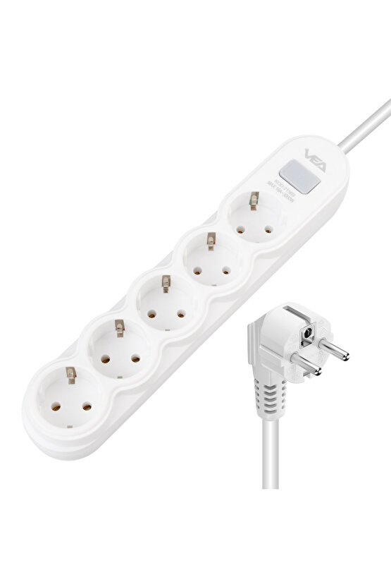5 Toprak Girişli 1.5 Metre Kablolu Anahtarlı Beyaz Akım Korumalı Uzatmalı Priz BSSNDMS21569