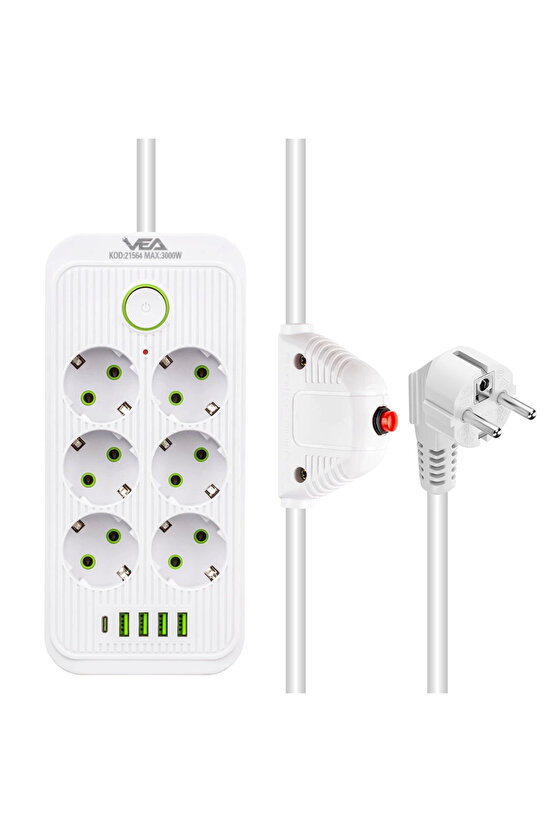 6 Topraklı Çocuk Korumalı Grup Priz 1.5 Metre Kablolu 4 Usb Beyaz Renk Priz KPF985-L41