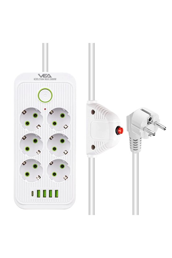 Beyaz Renkli Termal .ocuk Korumalı TYPE-C + USB Girişli 1.5 Metre Kablolu Çoklu Priz