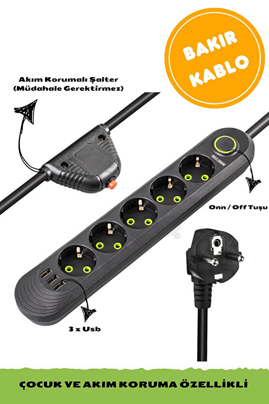3 Usb + 5 Fişli 1.5 Metre Akım Korumalı 1.5 Metre Uzatma Kablolu Priz
