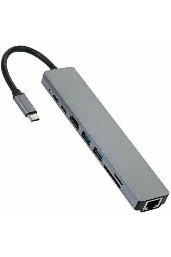 Type C To Hdmi Usb 3.0 Sd Microsd 8in1 Kart Rj45 Ethernet Çevirici Dönüştürücü Adaptör