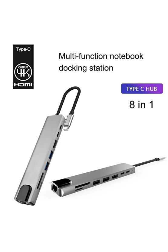 Type C To Hdmi Usb 3.0 Sd Microsd 8in1 Kart Rj45 Ethernet Çevirici Dönüştürücü Adaptör