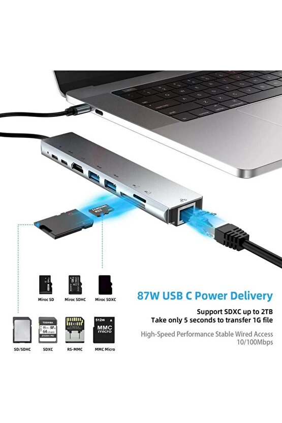 Type C To Hdmi Usb 3.0 Sd Microsd 8in1 Kart Rj45 Ethernet Çevirici Dönüştürücü Adaptör