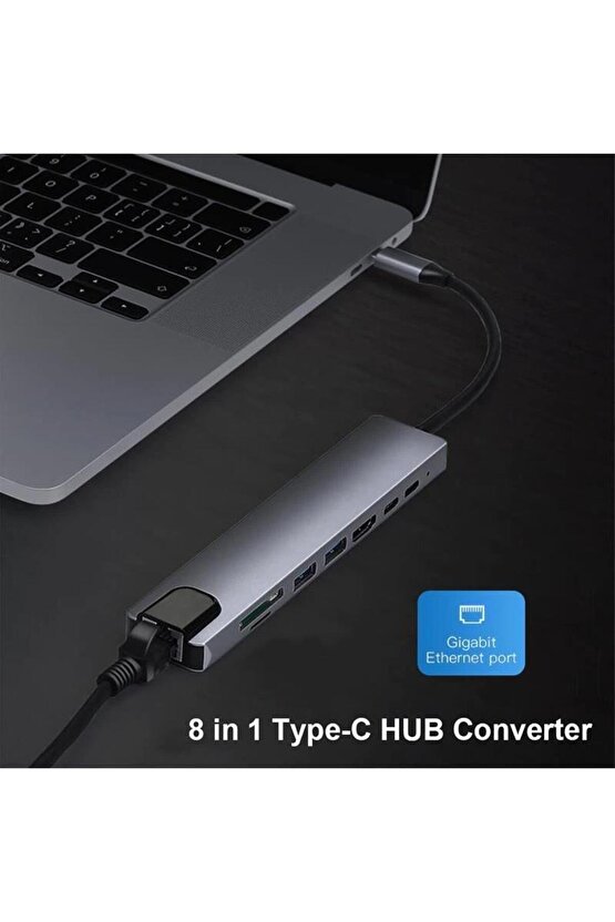 Type C To Hdmi Usb 3.0 Sd Microsd 8in1 Kart Rj45 Ethernet Çevirici Dönüştürücü Adaptör