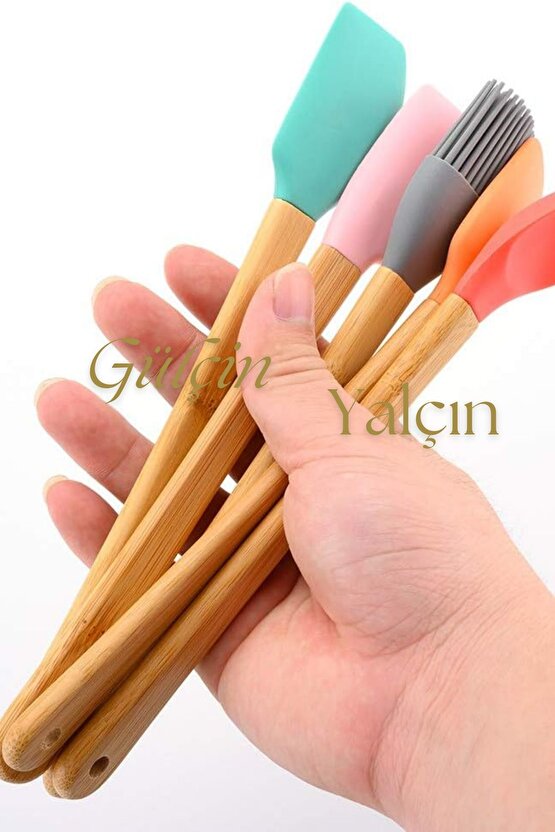 Slikon Ahşap Saplı  5li Pasta Hazırlama Seti Spatula Yağ Fırçası