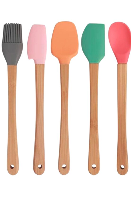 Slikon Ahşap Saplı  5li Pasta Hazırlama Seti Spatula Yağ Fırçası