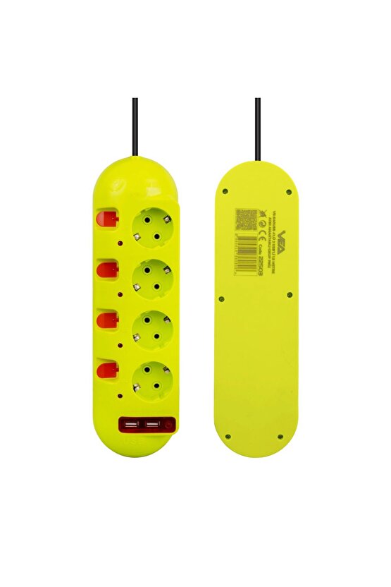 Çocuk Korumalı 2 USB Girişli  4 Topraklı Ayrı Anahtarlı Grup Priz 1.5 Metre Kablolu KPF9-H63