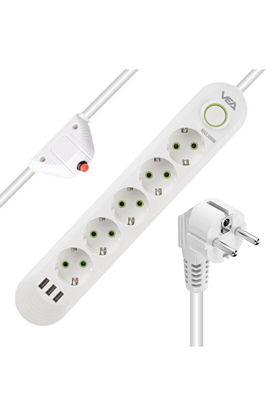 1.5 Metre Kablolu 3 Usb’li Beyaz Akım Korumalı Priz AXE-71L93