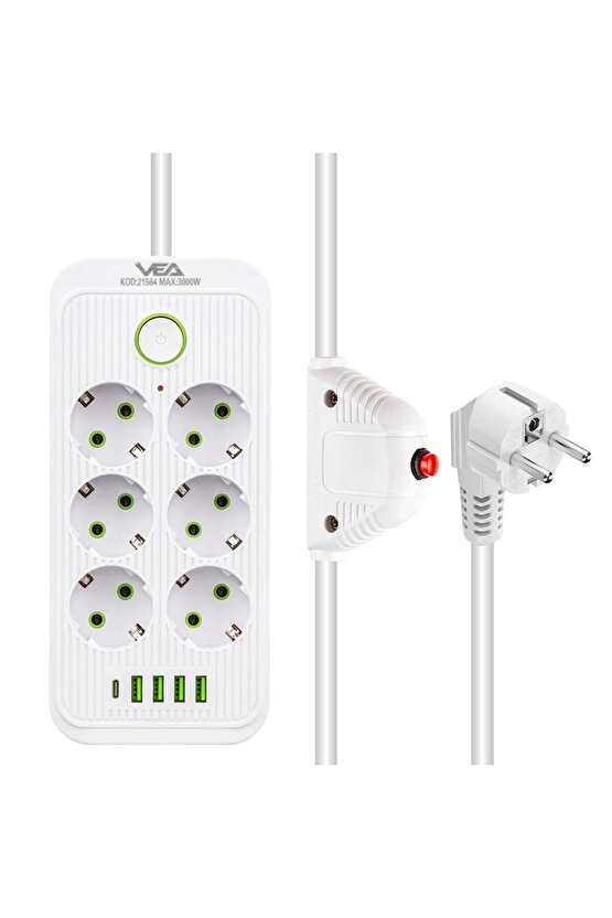 6 Topraklı Prizli 1.5 Metre Kablolu 4 Usb Girişli Beyaz Akım Korumalı Priz