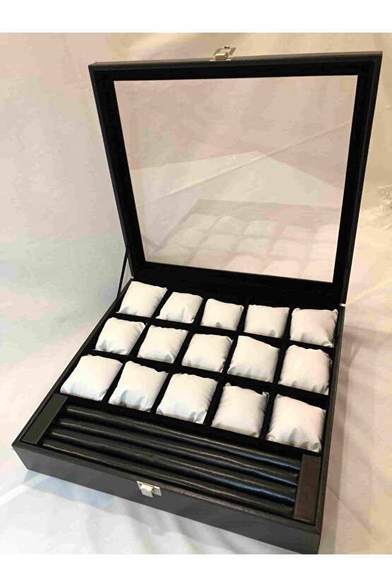 Türk Malı Ahşap iskelet Siyah Deri Kaplı Şık Trend 15 Gözlü Ziynet Takı Saat Kutusu