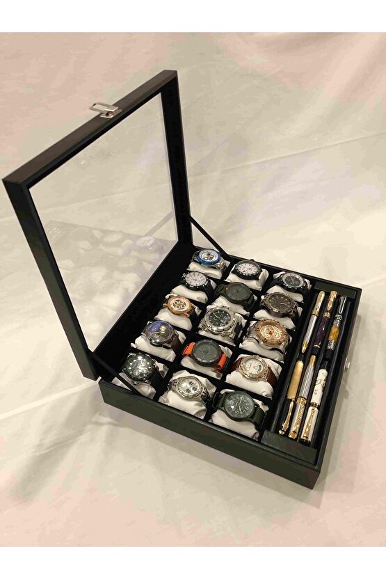 Türk Malı Ahşap iskelet Siyah Deri Kaplı Şık Trend 15 Gözlü Ziynet Takı Saat Kutusu