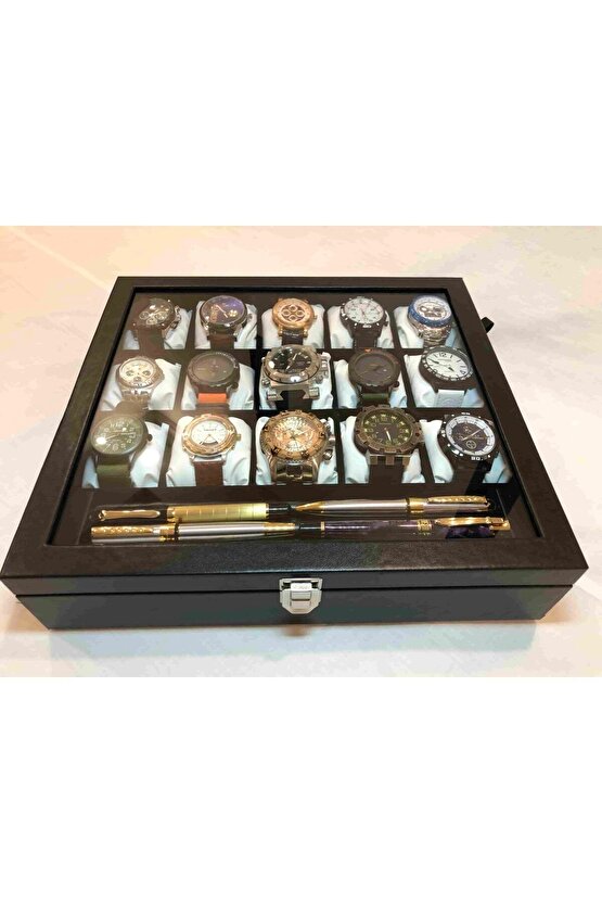 Türk Malı Ahşap iskelet Siyah Deri Kaplı Şık Trend 15 Gözlü Ziynet Takı Saat Kutusu